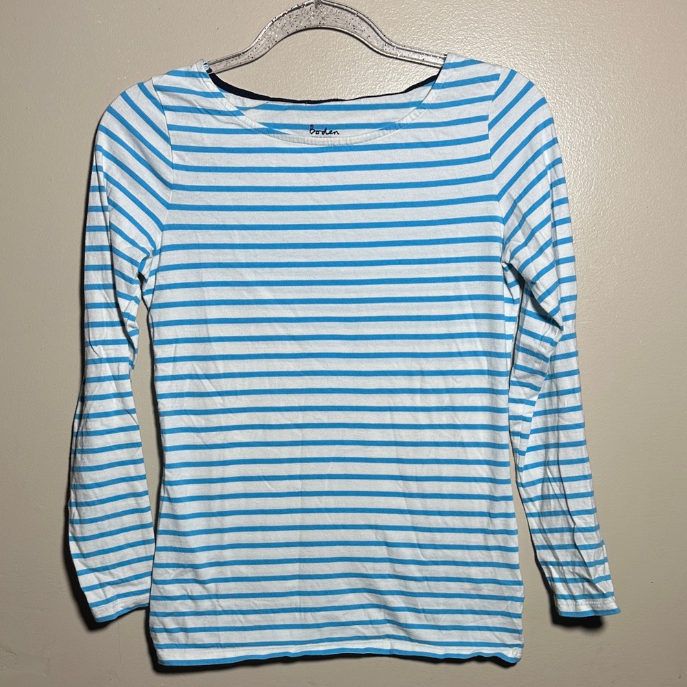 Boden Size 2 Blue White Striped Staple Tee Shirt Long Sleeved